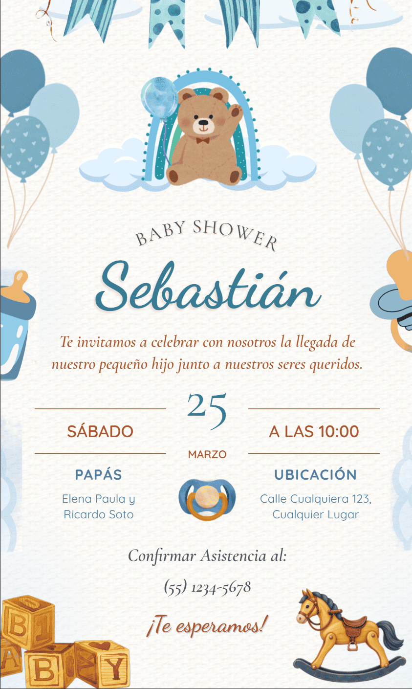 Plantilla Baby Shower Ilustrado Azul y Marrón