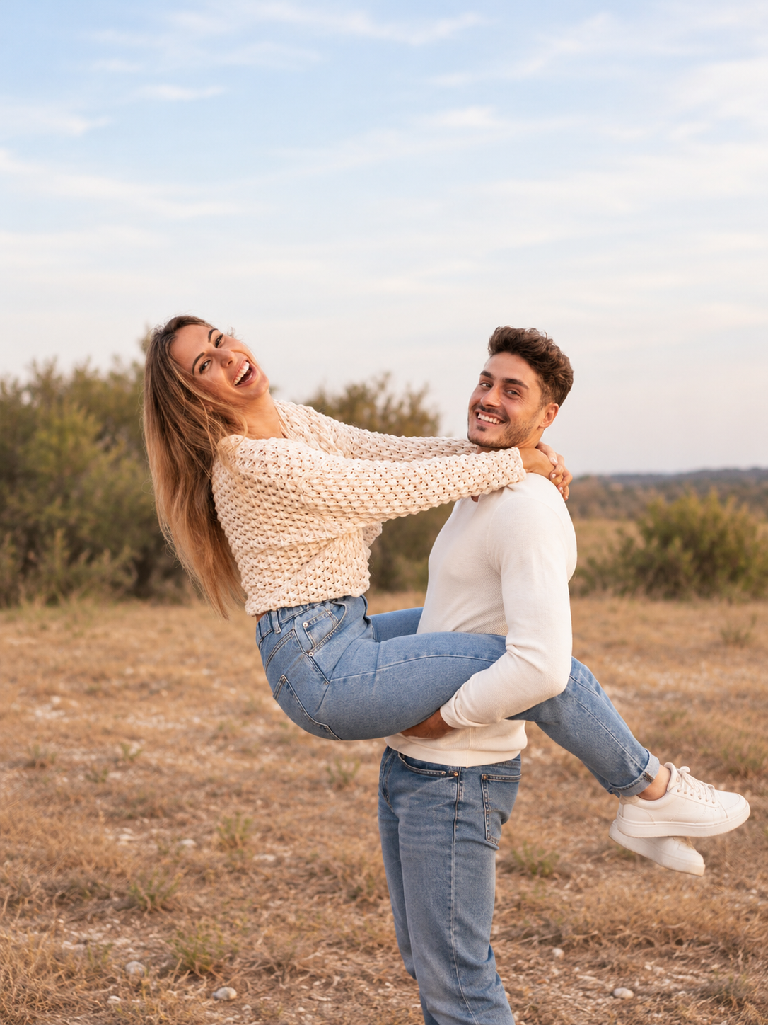 Pareja feliz bajo un cielo abierto