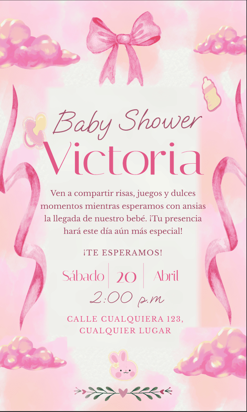 Plantilla Baby Shower rosa con lazos