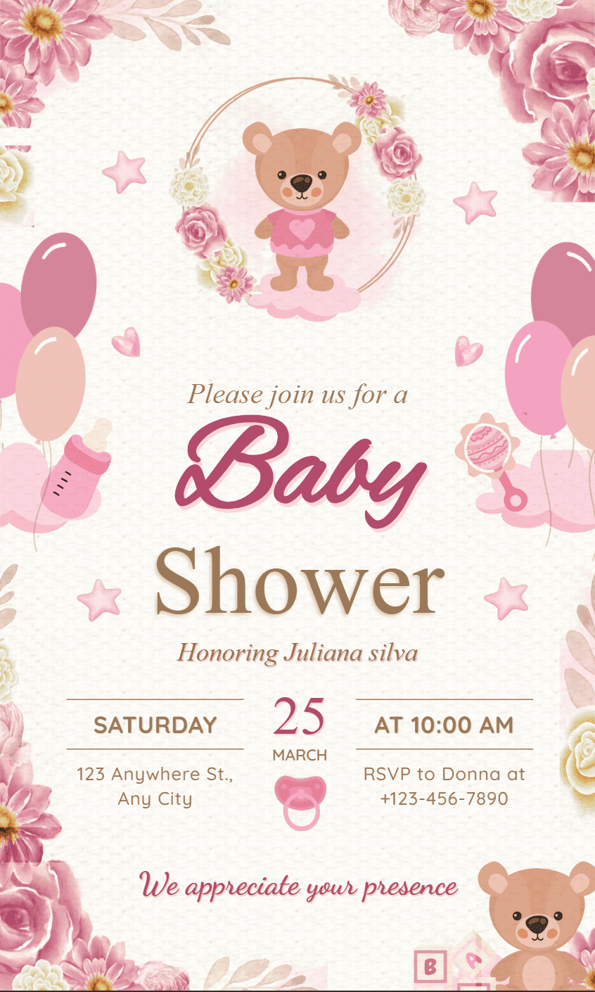 Plantilla Baby Shower Floral Ilustrado Rosa
