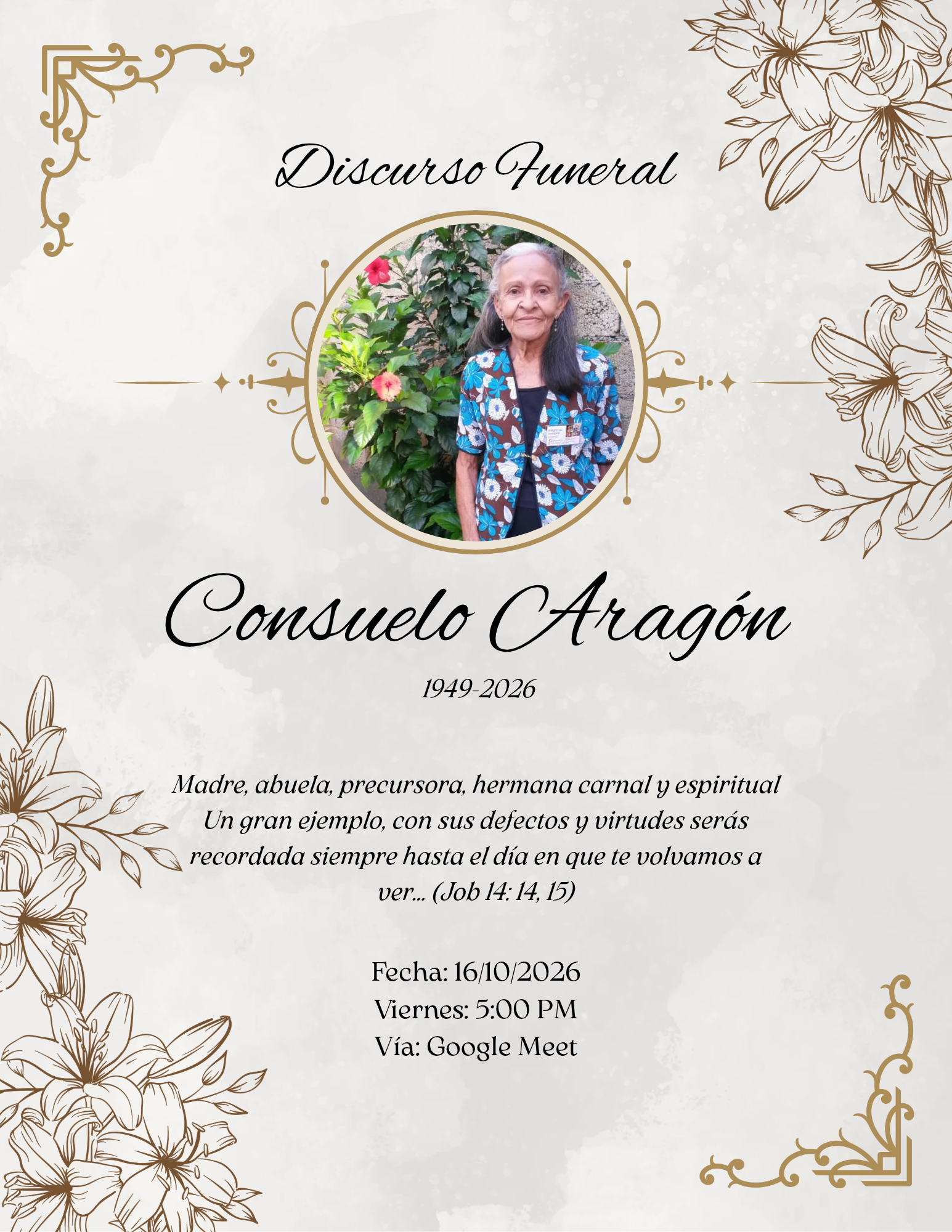 Imagen completa de la invitación funeraria de Consuelo Aragón, con su fotografía, mensaje y detalles de la ceremonia