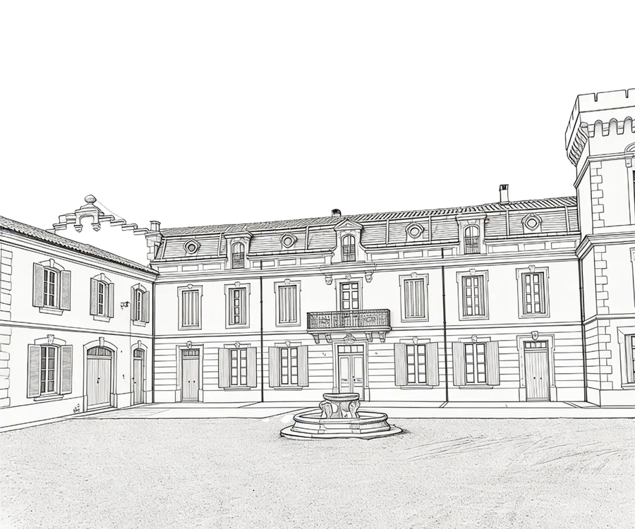 Ilustración a lápiz de una fachada clásica con una fuente en el patio