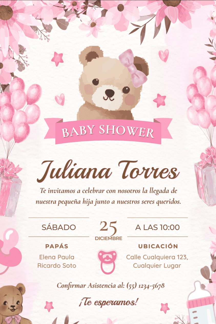 Plantilla Baby Shower Floral Ilustrado Rosa