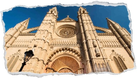 Fachada de la Catedral de Palma enmarcada en papel rasgado