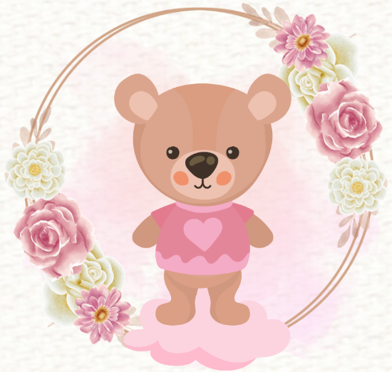 A little teddy bear in pink surrounded by a floral hoop