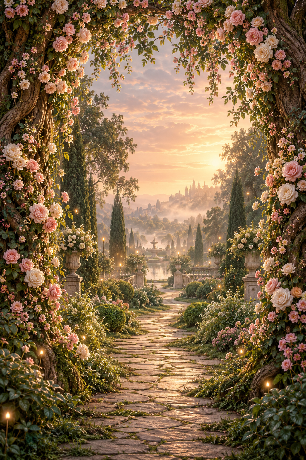 Un jardín de cuento, enmarcado por rosas rosadas y blancas, con un castillo al atardecer